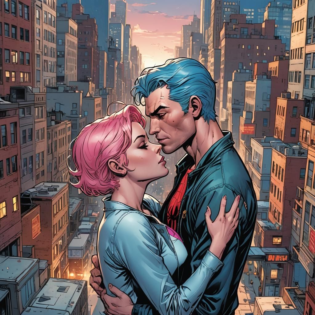 Blue-Haired Spider-Man Kissing Girl: Comic Book Art