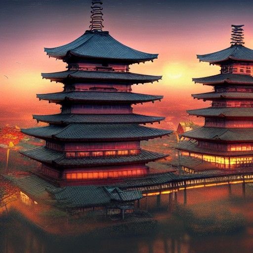 Solarpunk Japanese Kingdom at Twilight: High-Definition Illu...