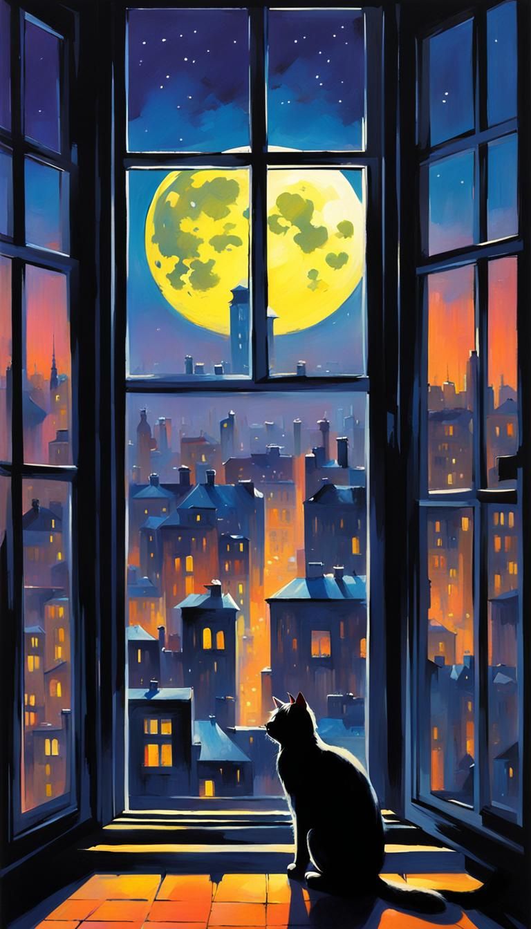 Cat Silhouette at Window Under Glowing Moon