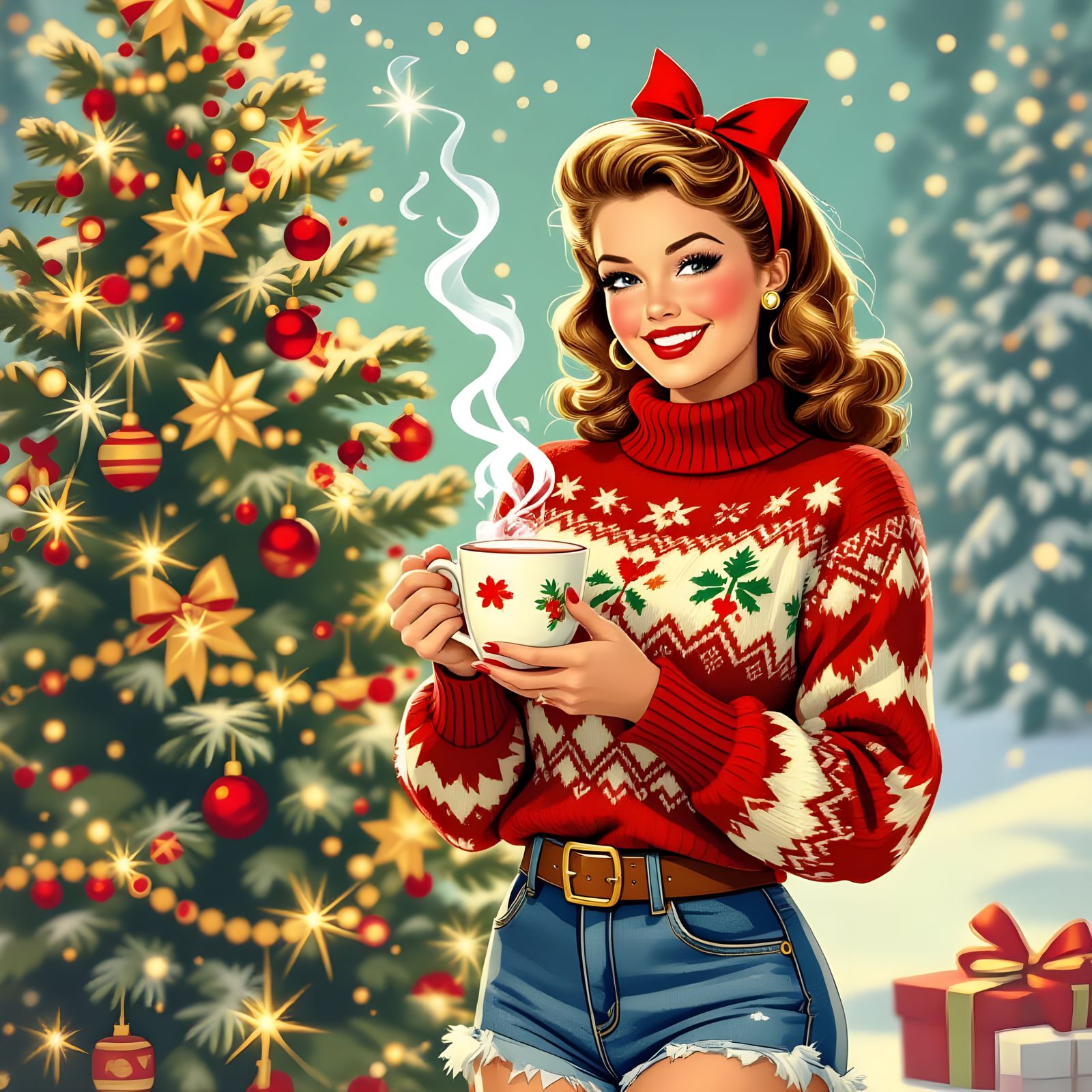 Festive 1940s Pinup Cowgirl with Hot Cocoa