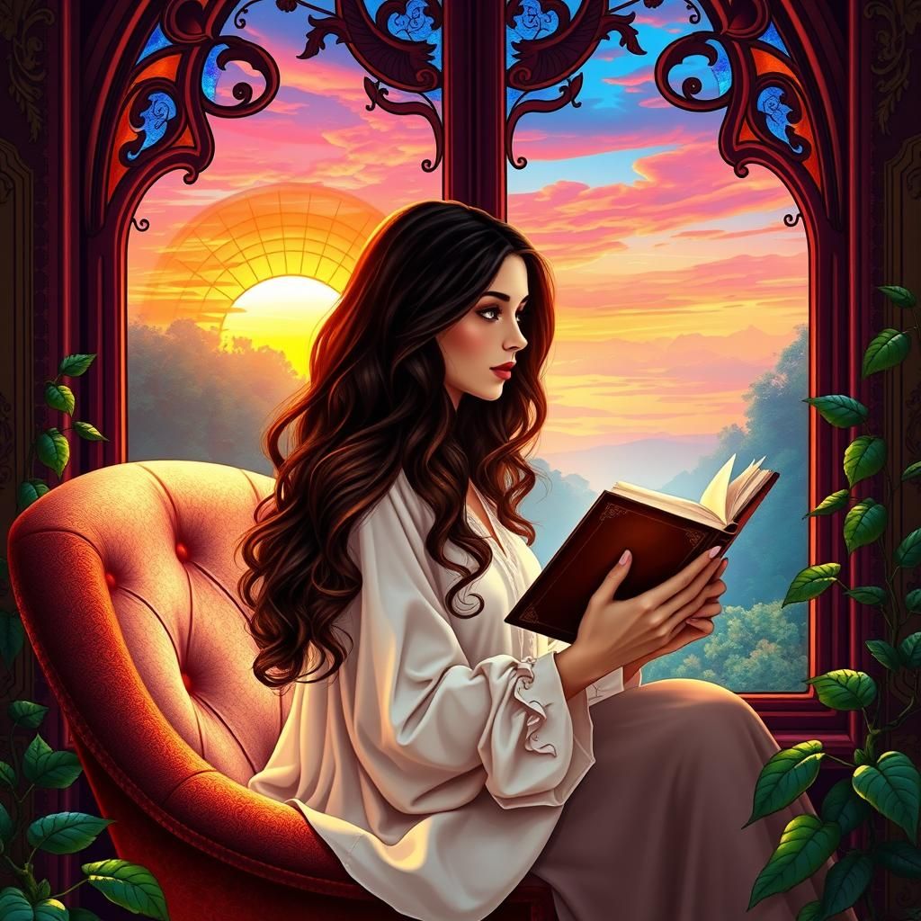 Woman in Bay Window at Sunset: Visionary Art