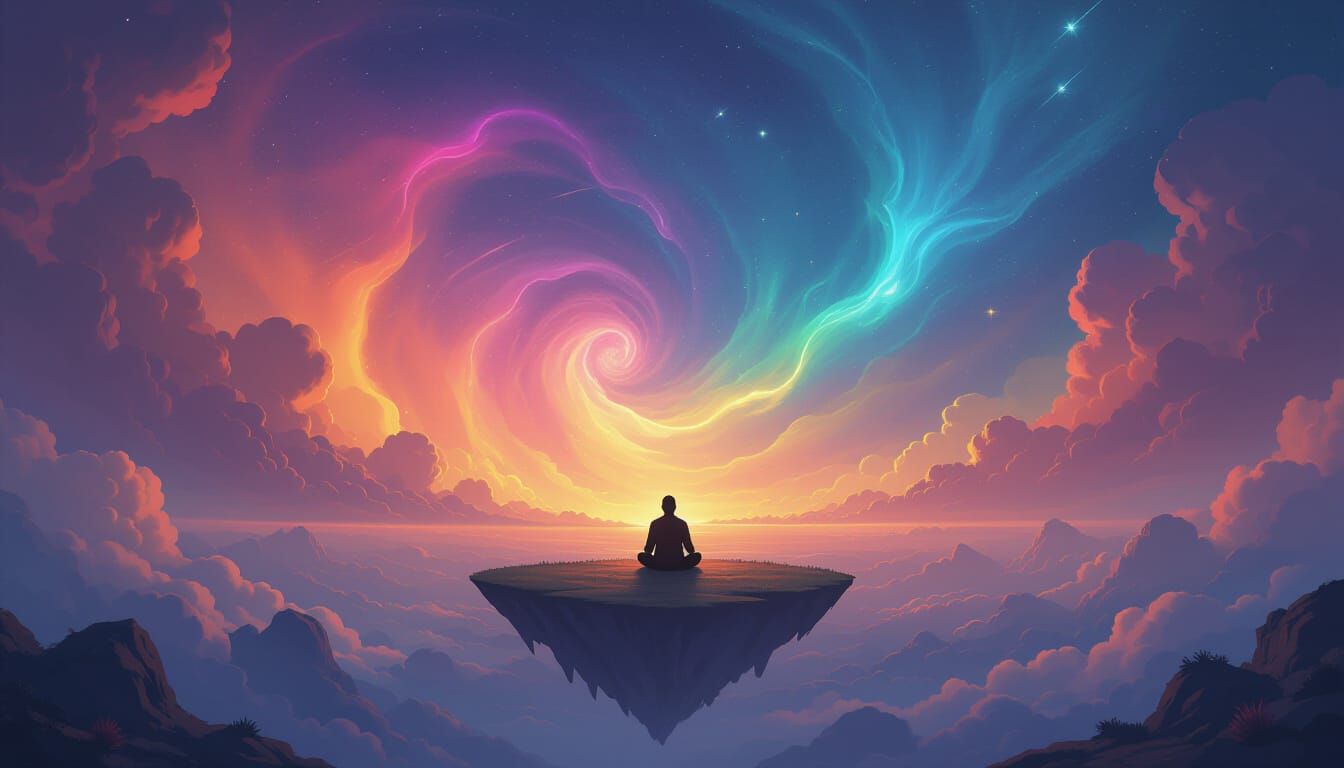 Cosmic Nebula Landscape with Meditating Figure