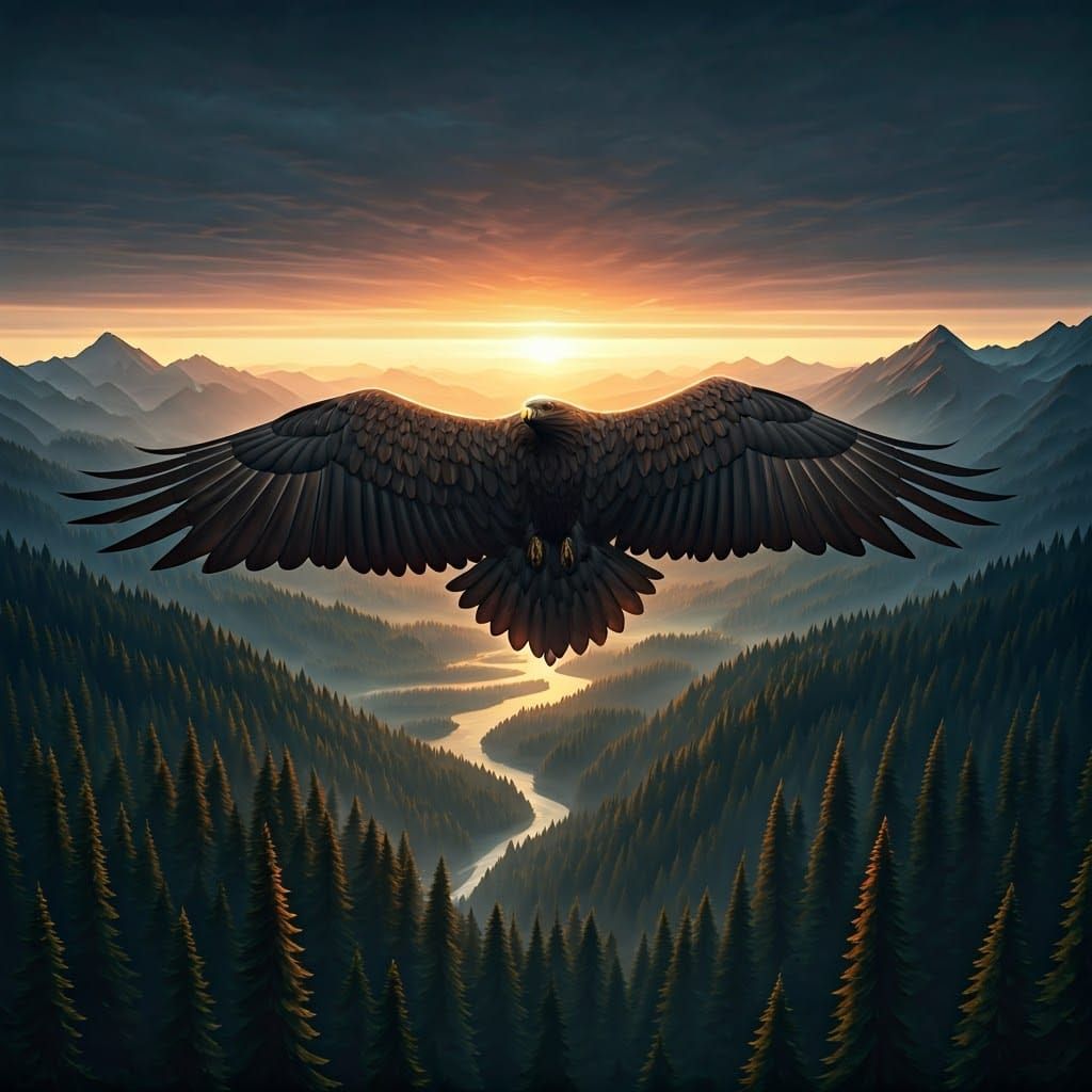 Eagle Soars Above Misty Mountains at Sunrise in Golden Light