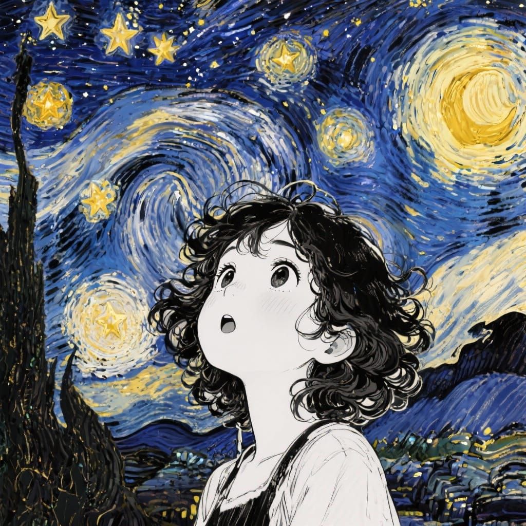 Manga Girl Gazes at Van Gogh Starry Sky