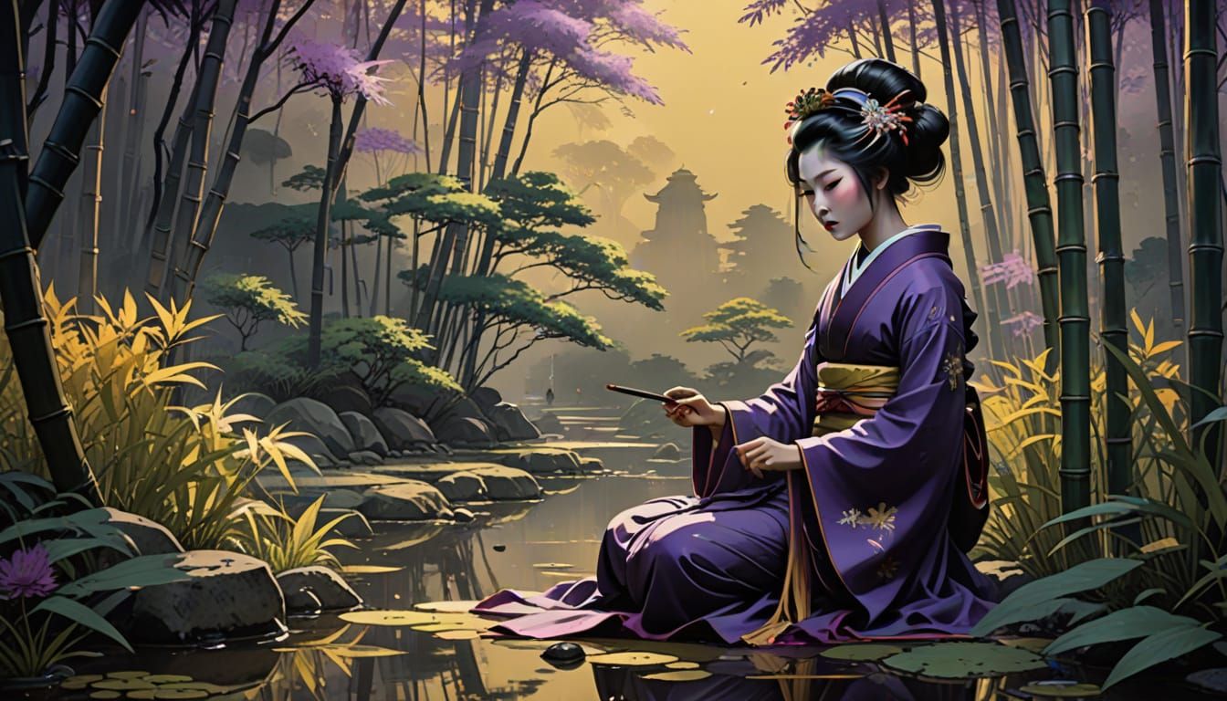 Geisha Practicing Calligraphy in Sumi-e Style