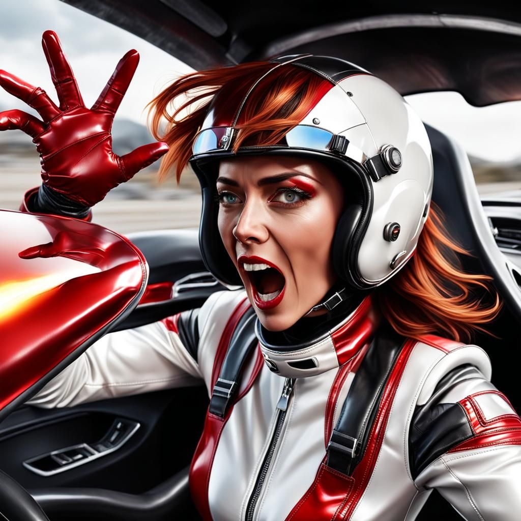 Beautiful Girl in Burning Race Car: Hyperrealistic Art