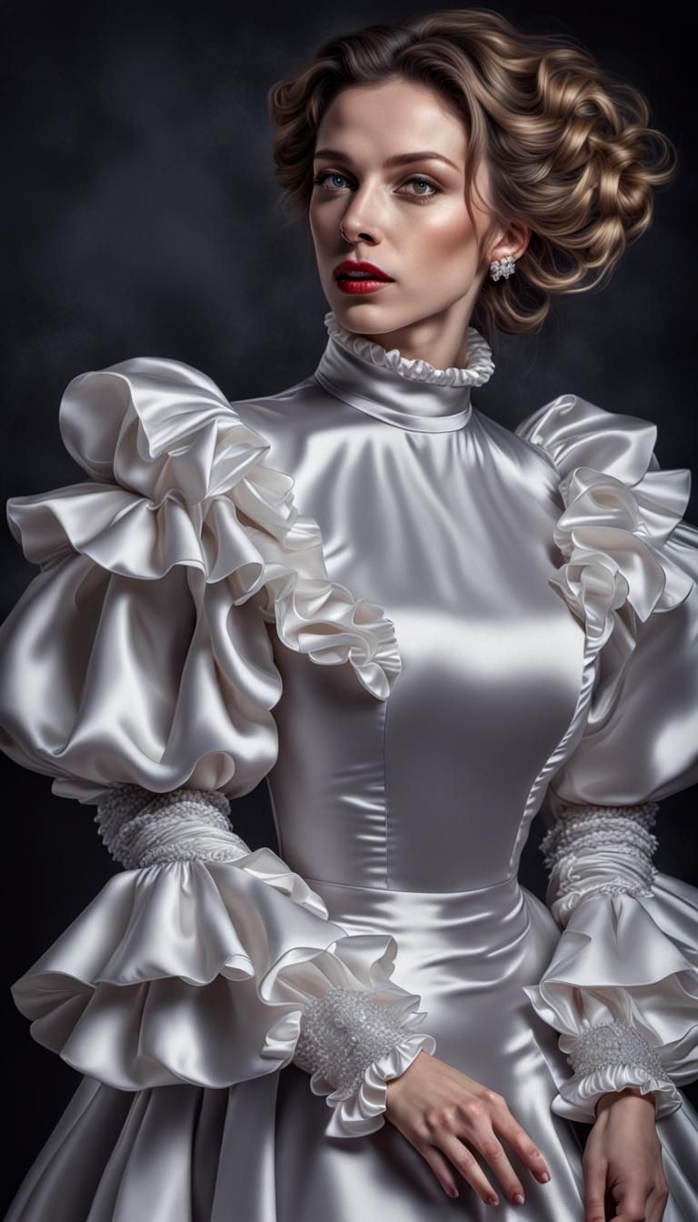 Woman in Extravagant Ruffled Satin Dress