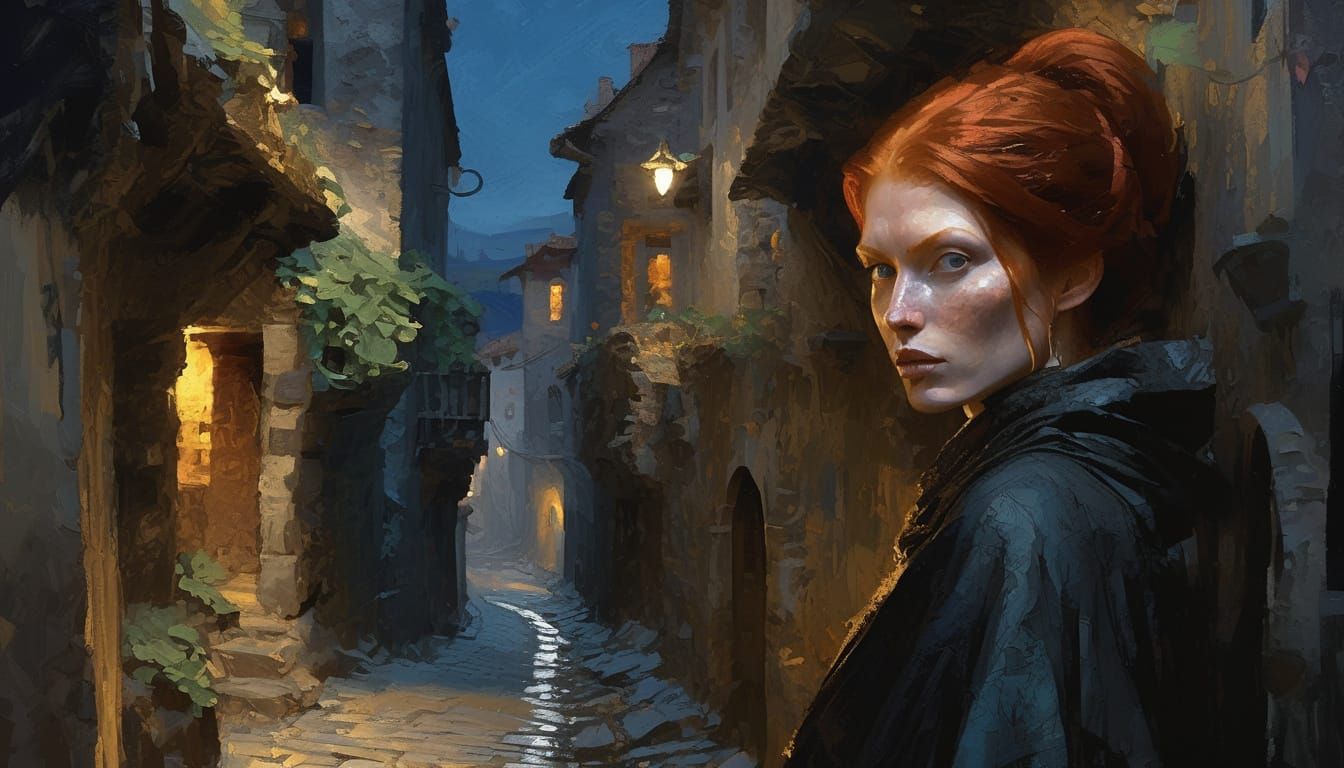 Redhead Woman in Monk Rags Hiding in Midnight Alley