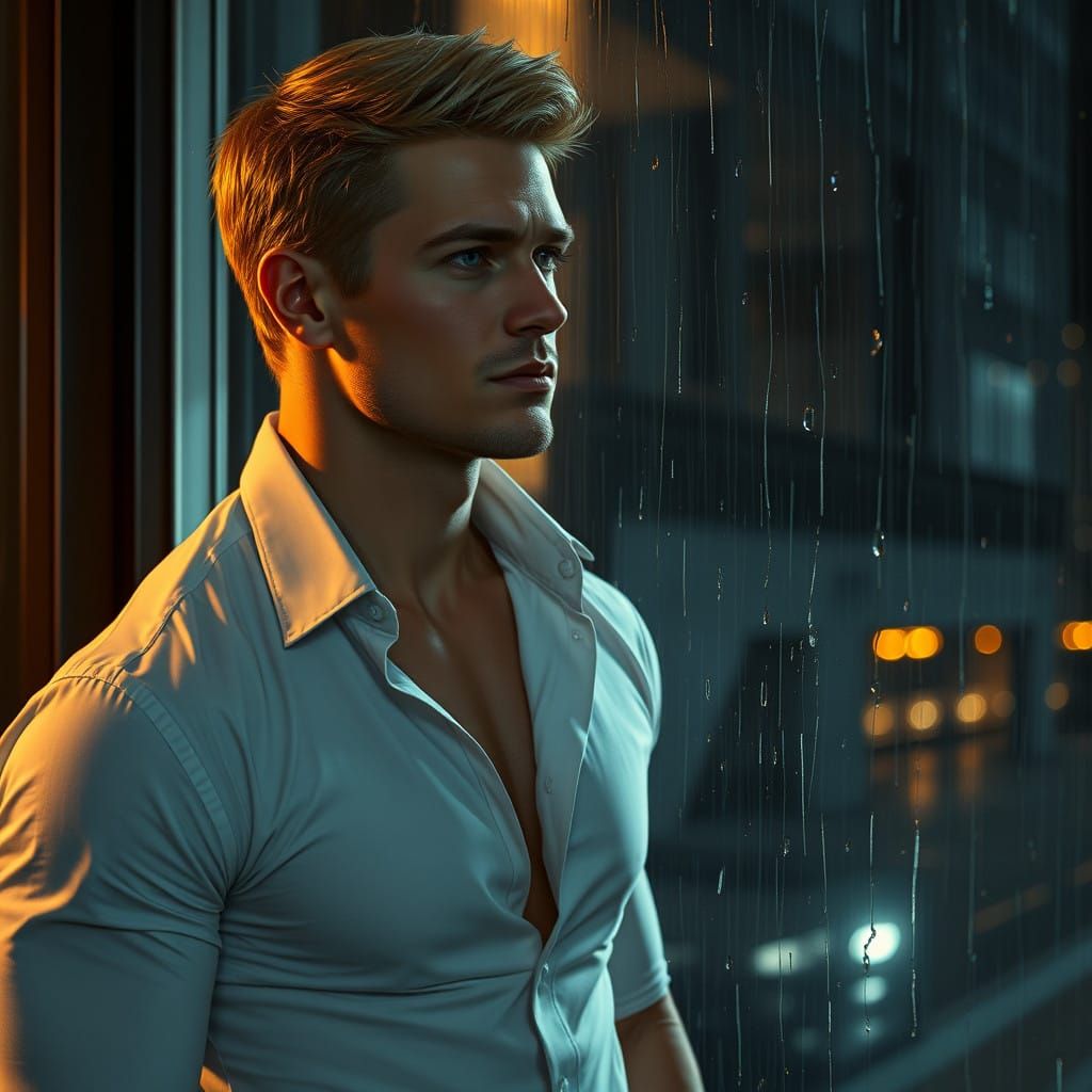 Brooding Man Contemplates Life in Rainy Cityscape