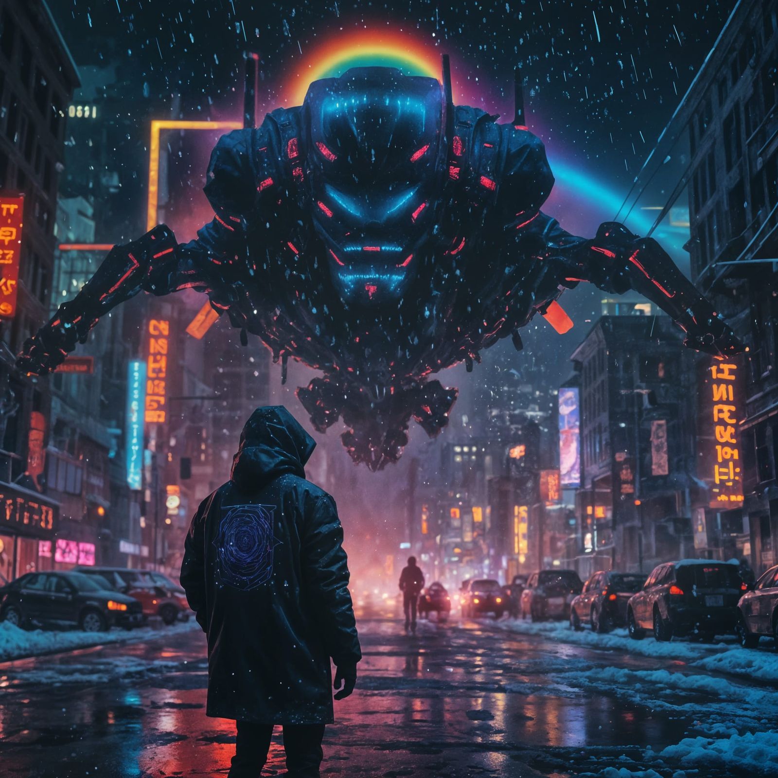 Cyberpunk Cityscape Merged with Grotesque Portrait