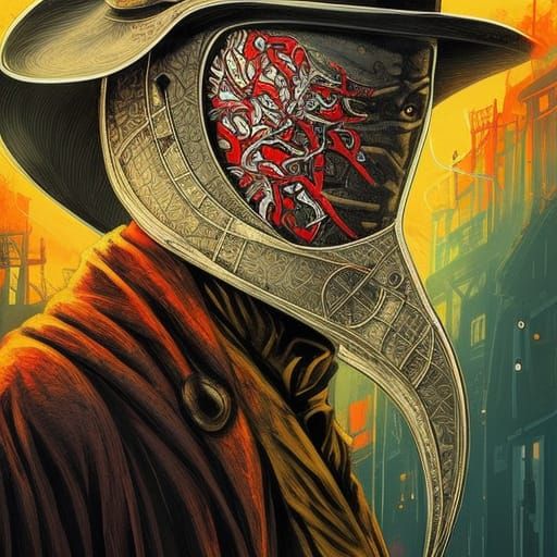 Plague Doctor in Dystopian Street Scene: Medical Horror