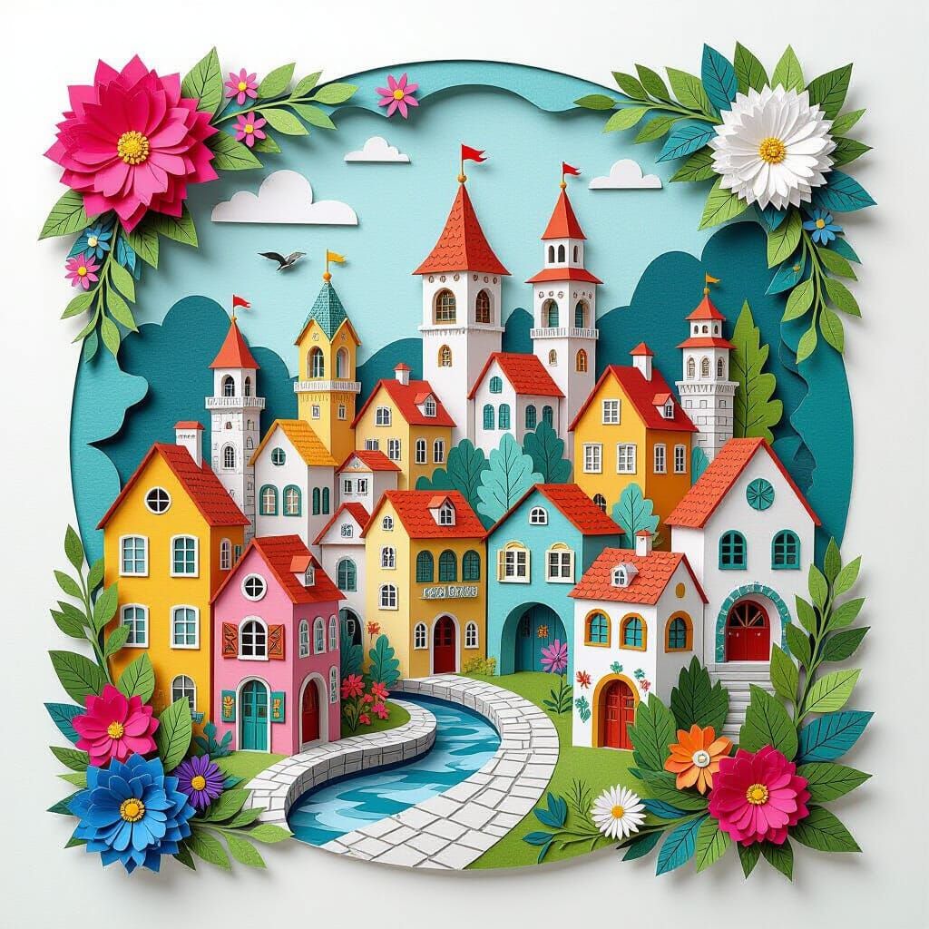 Vibrant Paper Village Collage in Playful Whimsical Style