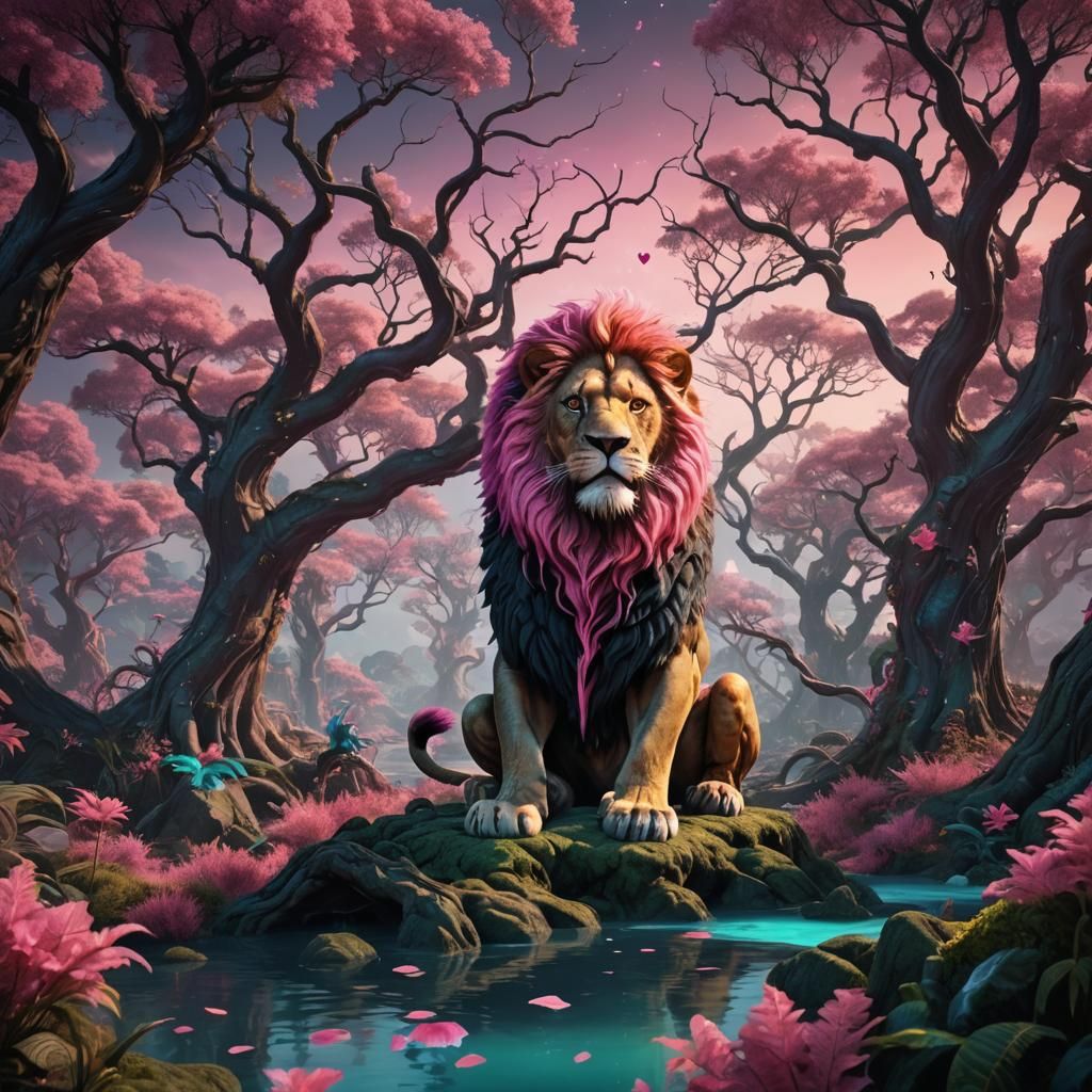 Bioluminescent Tree Guardian in a Pink Lagoon