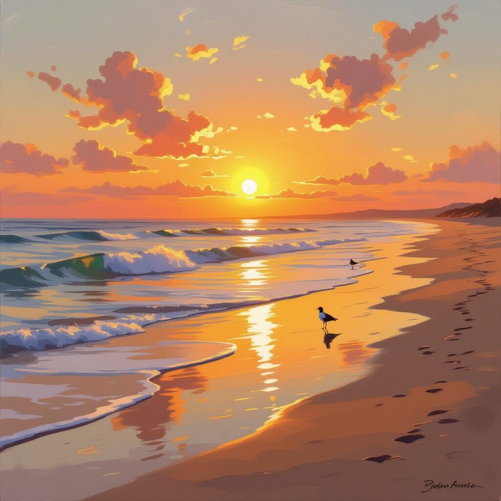 Golden Hour Beach Scene: Impressionistic Oil Painting