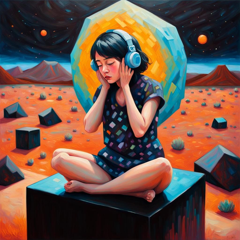 Ghibli-Inspired Girl Sits on a Black Cube in a Vibrant Deser...