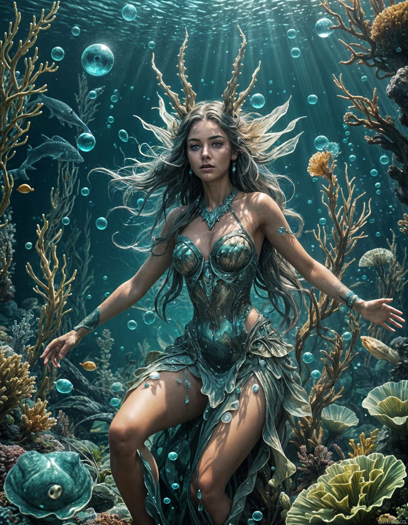 Detailed Water Nymph Explores Ocean Floor in 8K