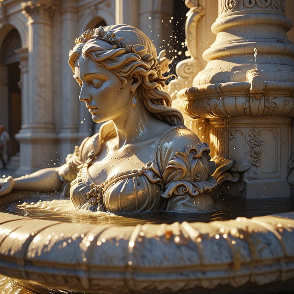 Baroque Marble Fountain with Gushing Water in Sunlight
