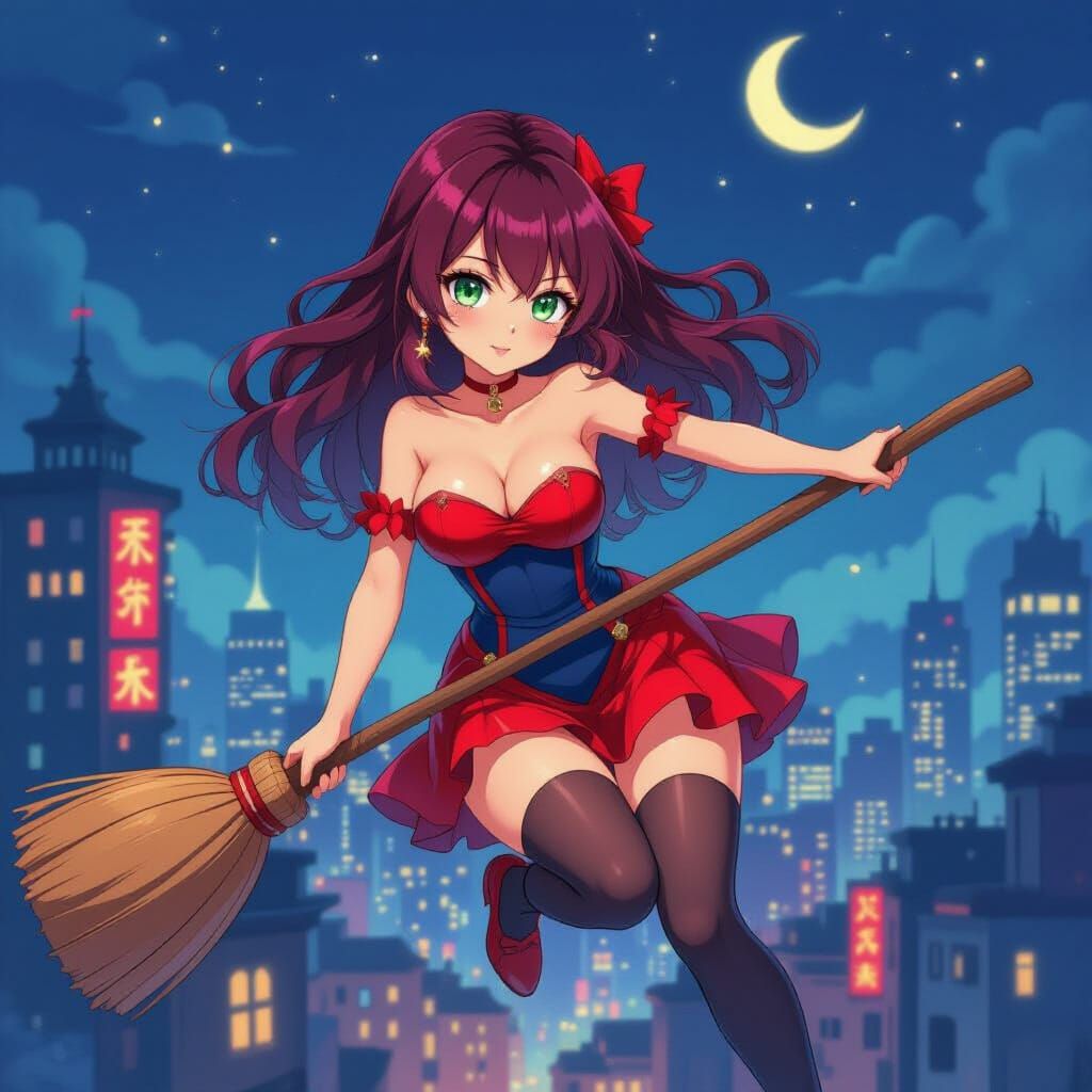 Anime Woman Flying Broom Over Night City in Autumn Style