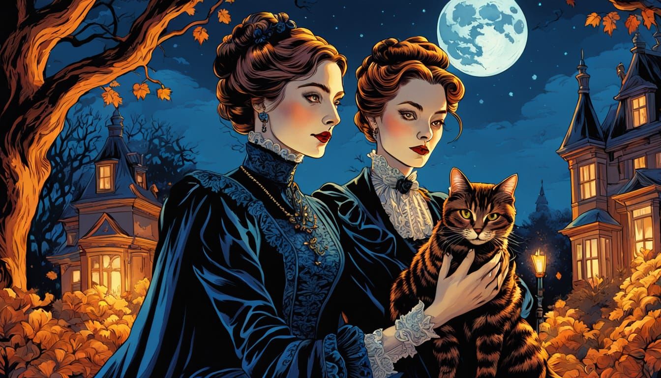 Victorian Countess and Cat: Fauvist Autumn Garden Date