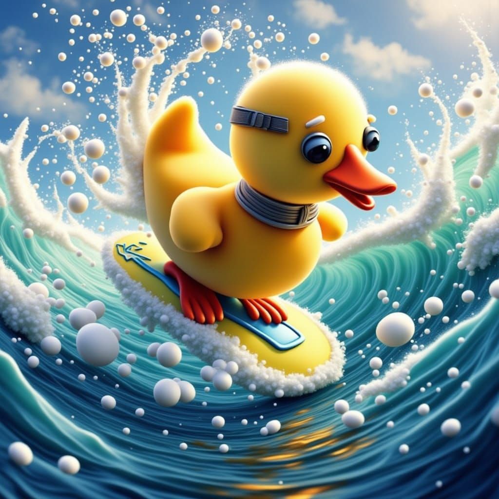 Rubber Duck Rides Giant Wave in Digital Art Style