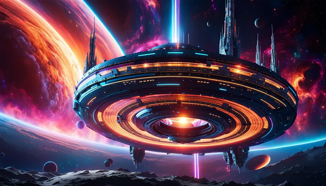 Grandiose Space Station Orbiting a Swirling Blackhole