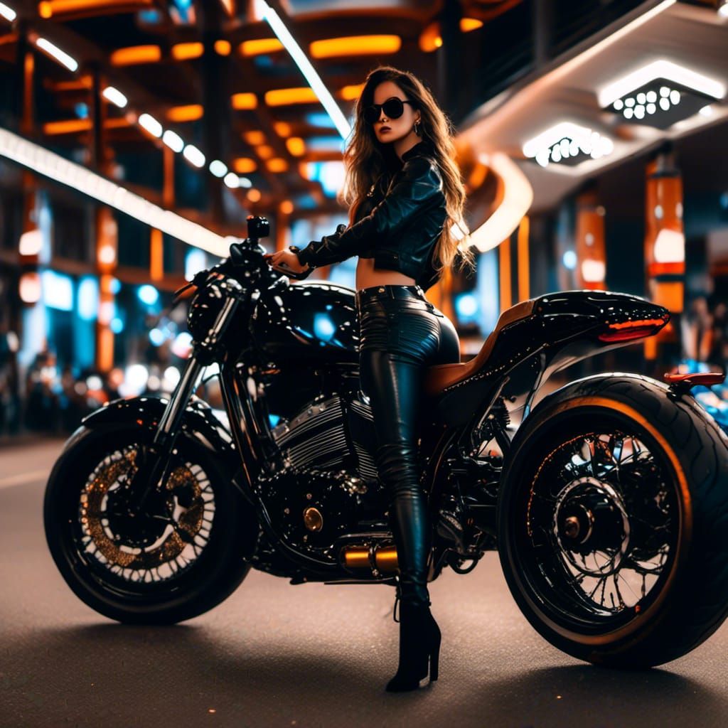 Motorbike Rider at Night Under Neon Lights