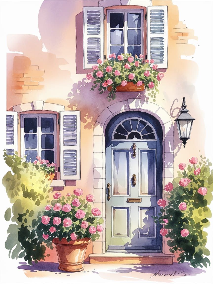 Charming Watercolor Door in a Serene Landscape