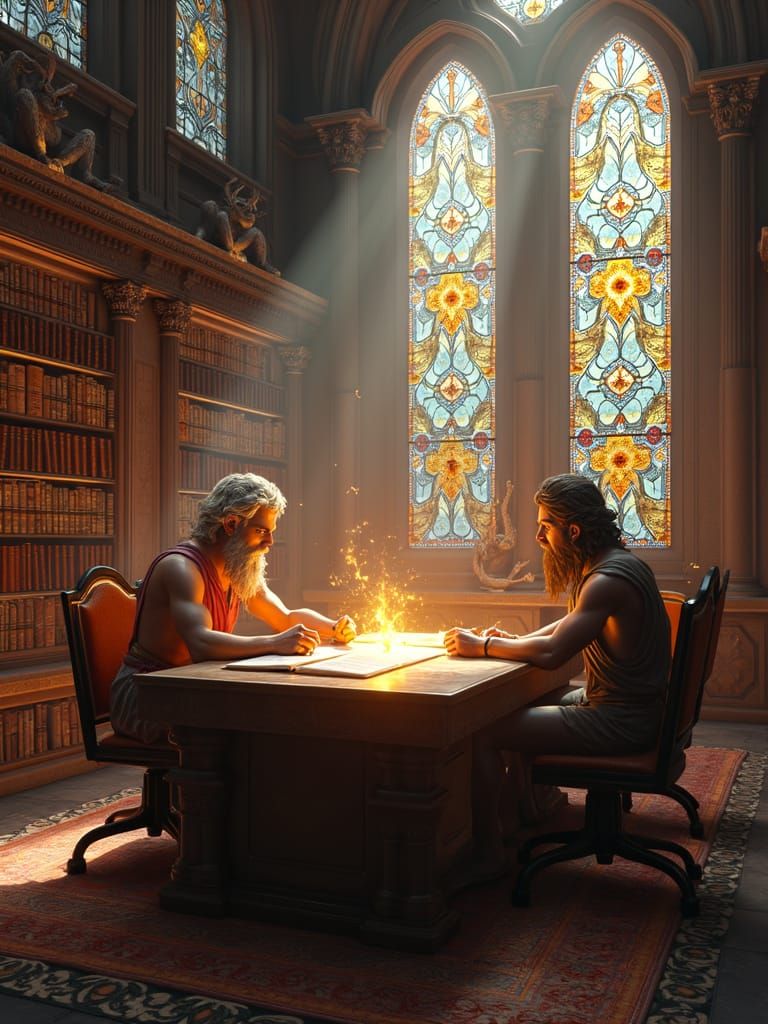 Mythical Library in Whimsical Realism Style