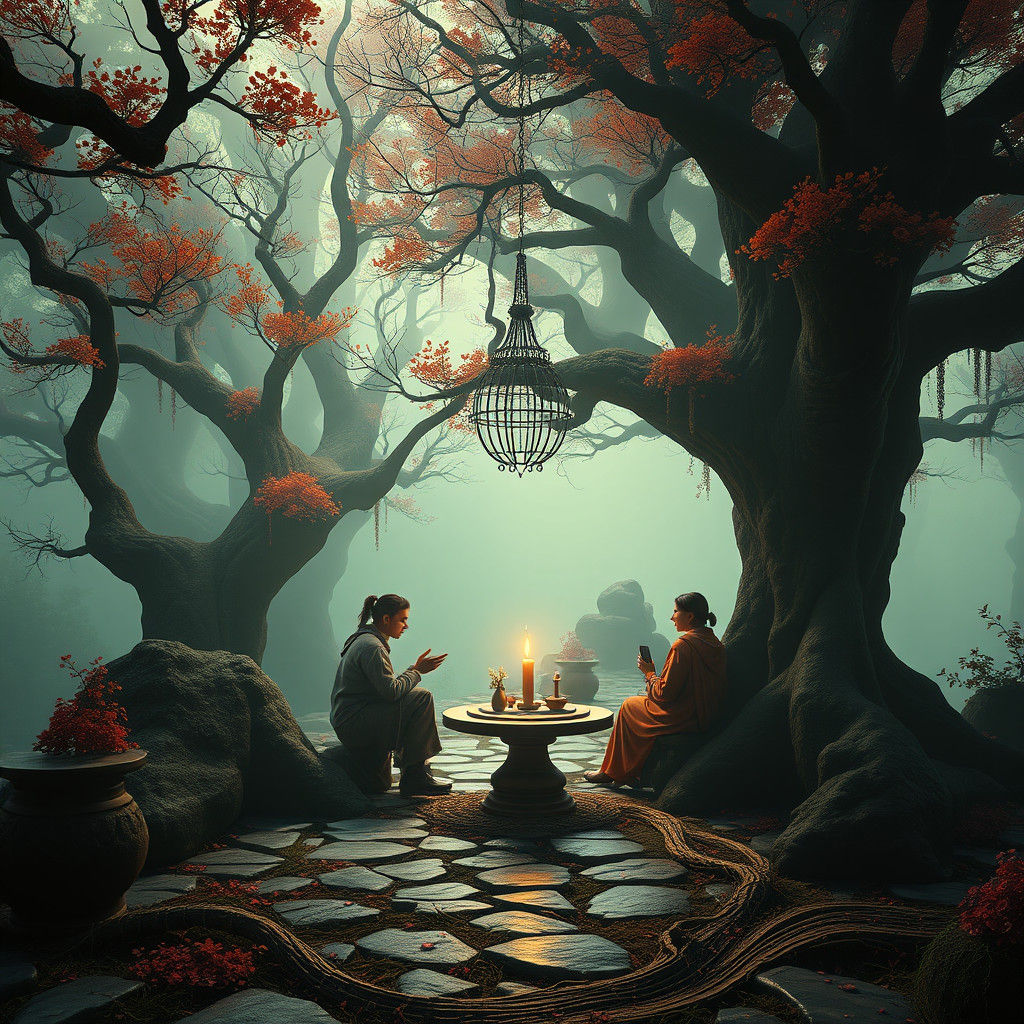 Mystical Chat in Dreamlike Fantasy Concept Art