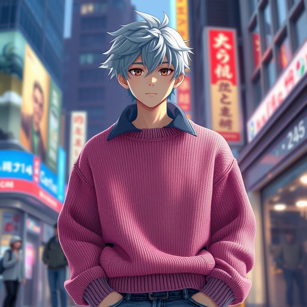 Young Man with Pink Sweater in Anime Style