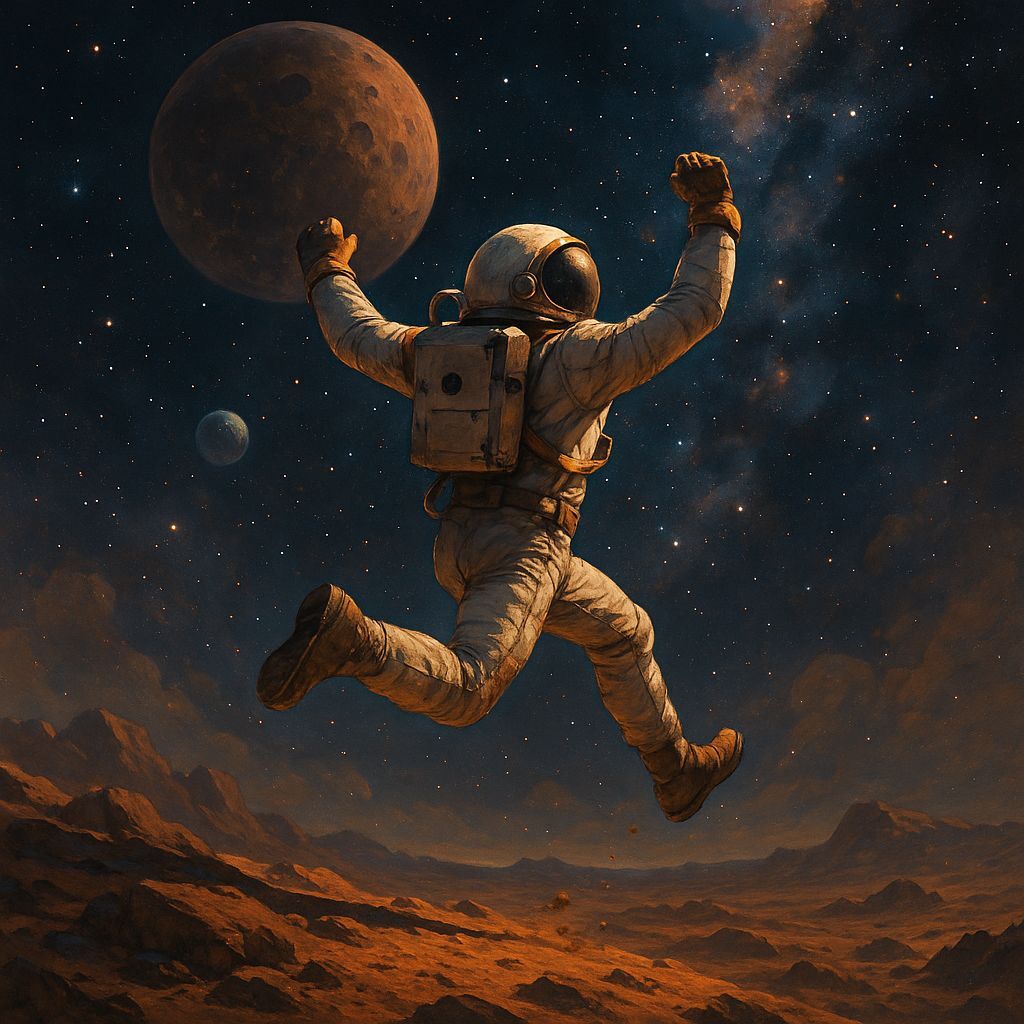 Astronaut in Cosmic Leap of Joy on Mysterious Planet