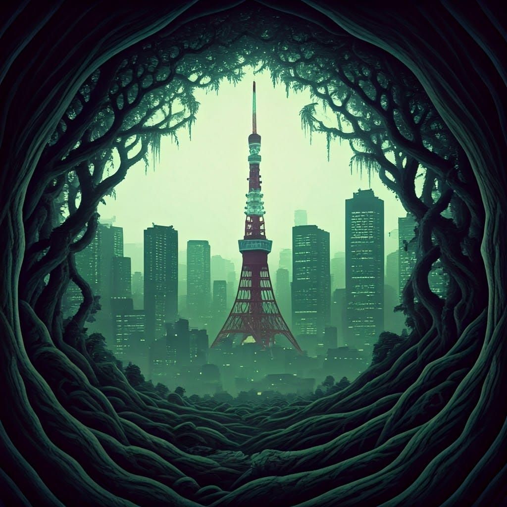 Eerie Tokyo Travel Poster in Dark Fantasy Style