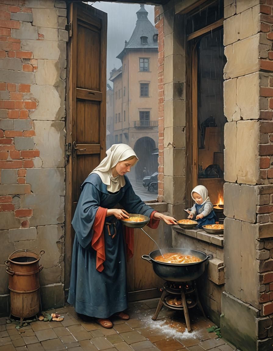 Woman Cooking with Infant, Early Renaissance Style