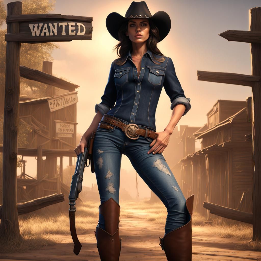 Cowgirl Outlaw Wanted Poster in Detailed Matte Painting