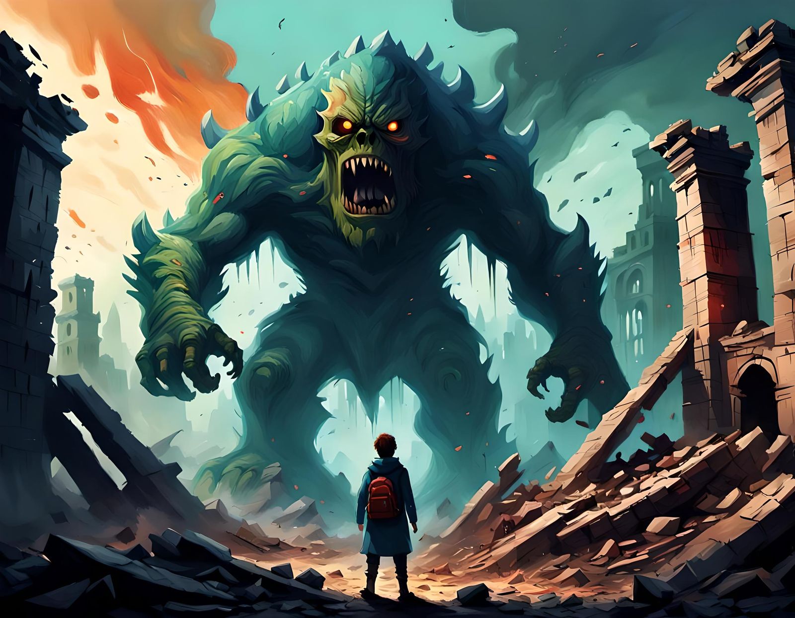 Person Faces Monster Rising from Ruins in Digital Painting