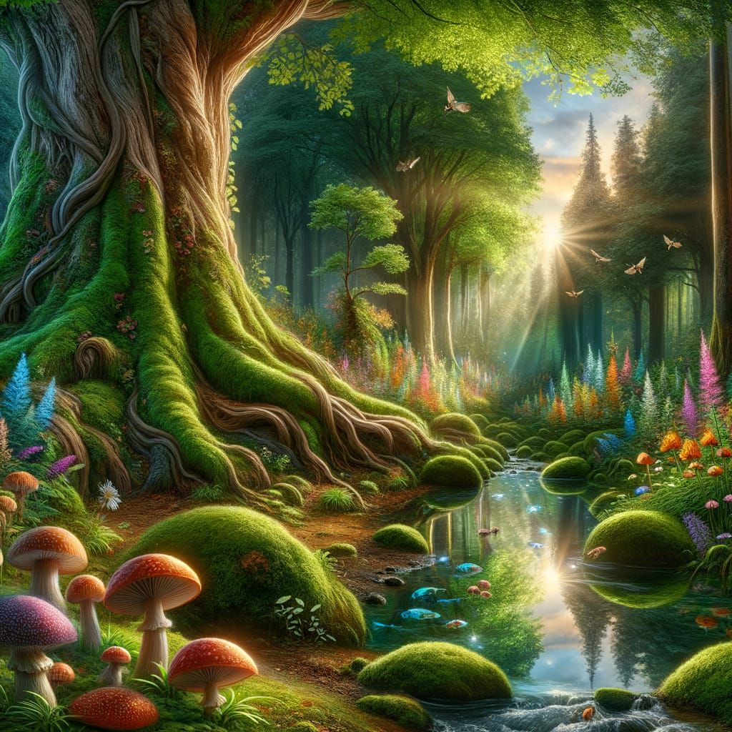 Enchanting Forest Landscape with Ancient Tree and Sparkling ...