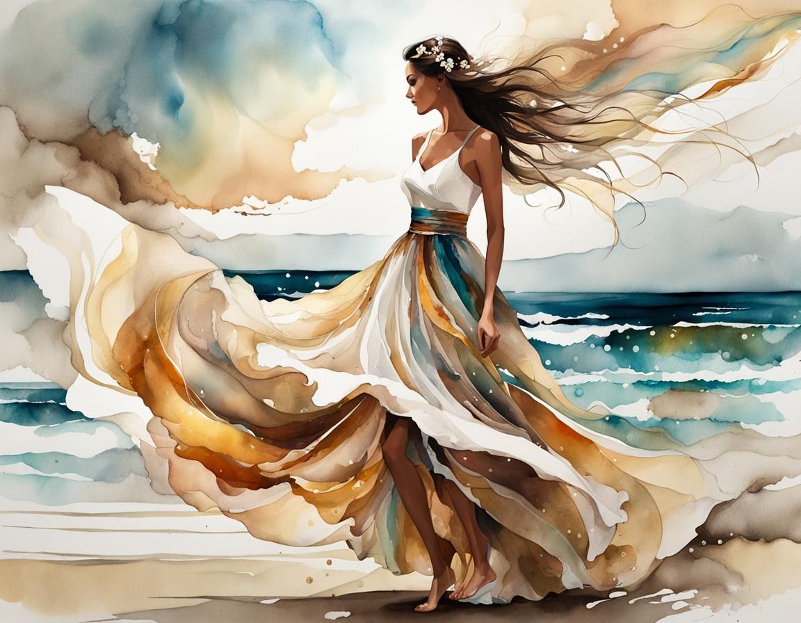 Swirling Dress on Beach in Watercolor Illustration