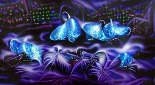 Glowing Indigo Butterflies in a Holographic Fantasy