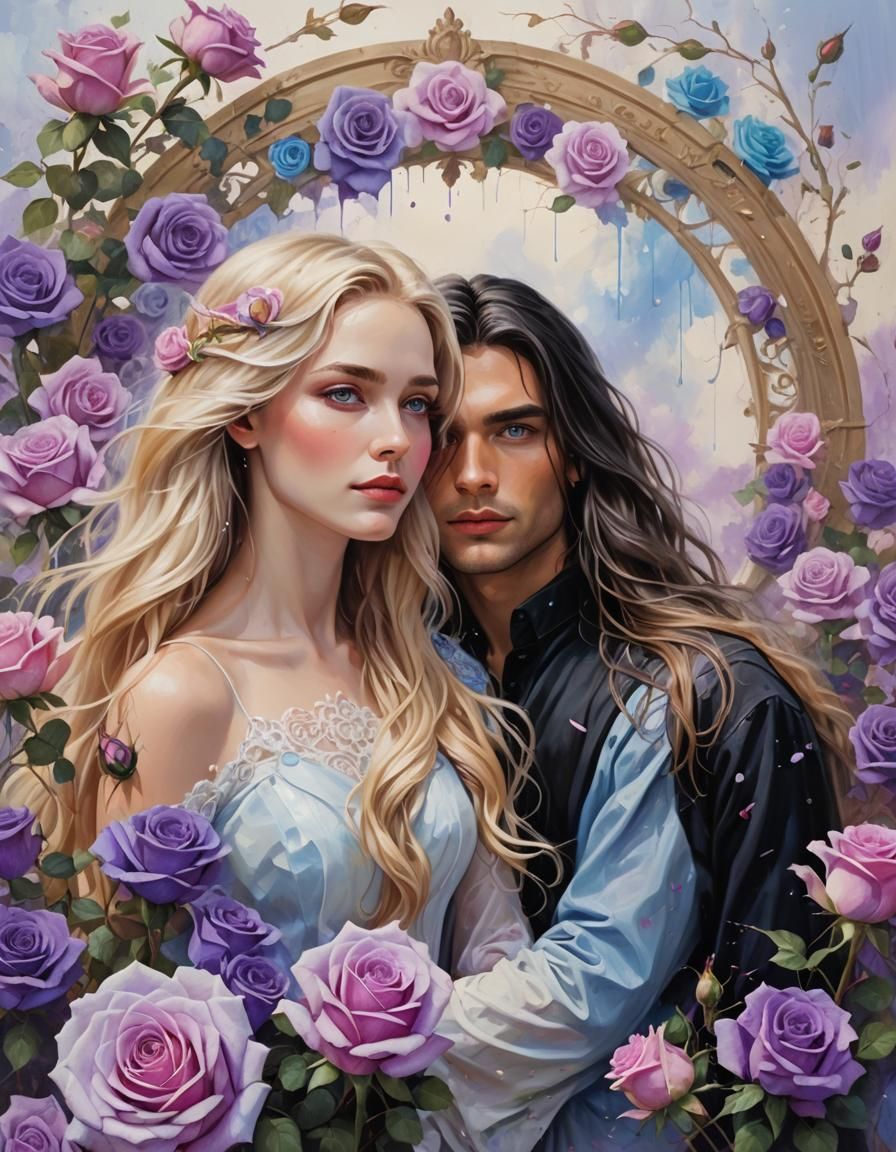 Romantic Couple Portrait with Roses in Oil Painting Style