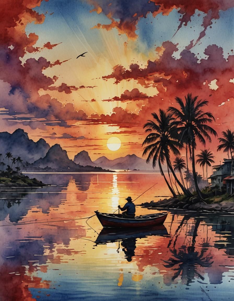 Fisherman at Sunset: Stylized Watercolor Art