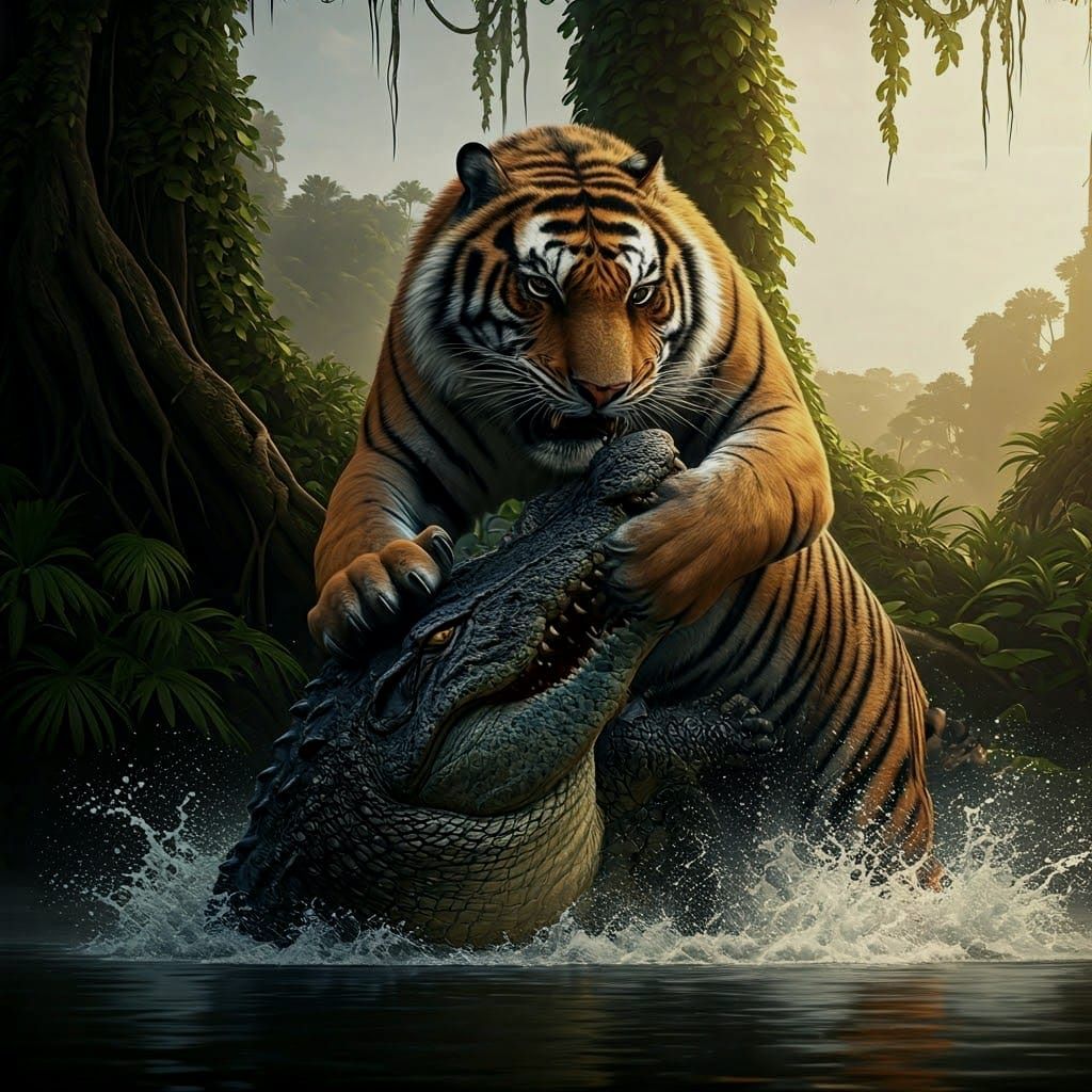 Tiger versus Crocodile in Epic 3D Style