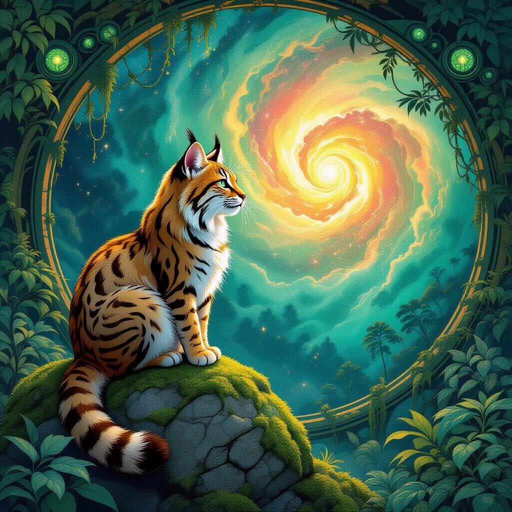 Golden Bobcat Gazes into Nebula in Art Nouveau Manga Style