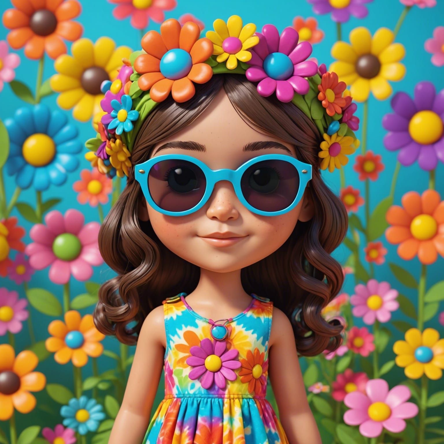 Cute Cartoon Hippie Girl in Groovy Style
