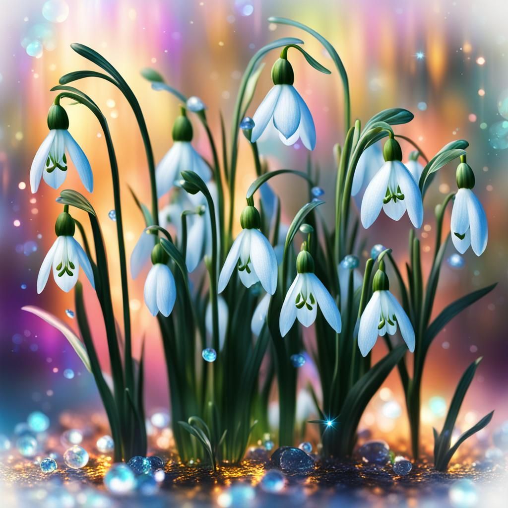 Snowdrops with Dewdrops in Astral Cosmic Style