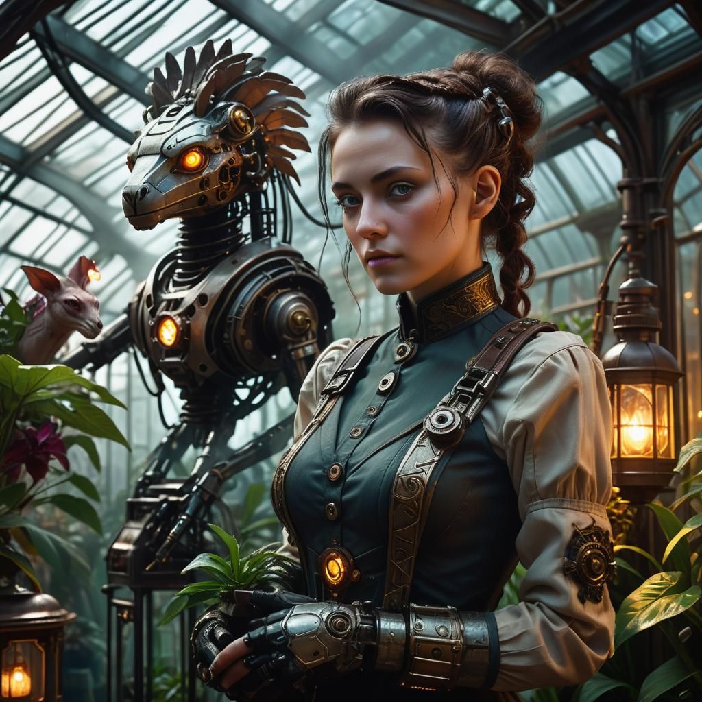 Cyberpunk Victorian Zookeeper with Biomechanical Animal