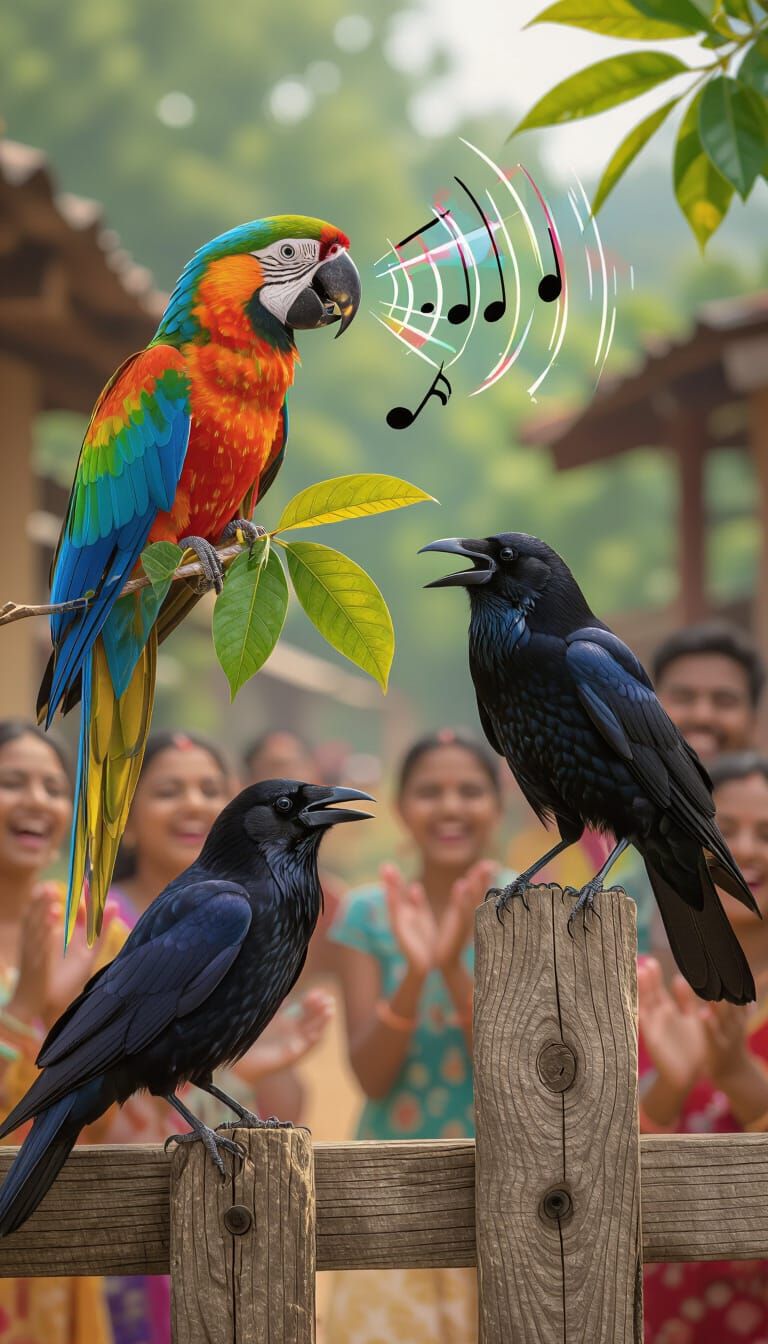 Vibrant Parrot and Crow Duet in Blurry Village Scene