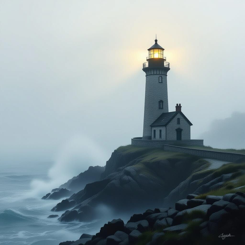 Lighthouse on Rocky Coast in Romantic Style