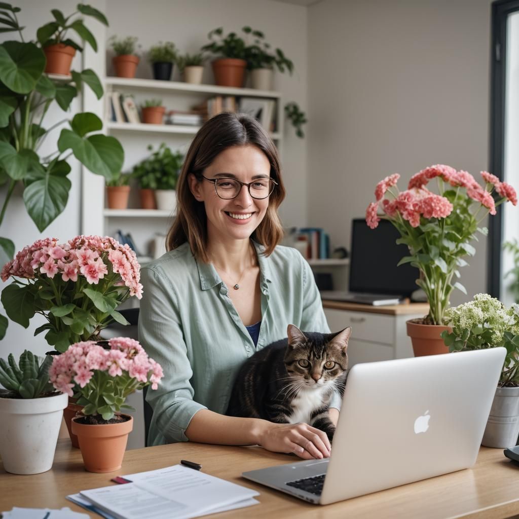 Woman Working at Home with Cat and Flowers
