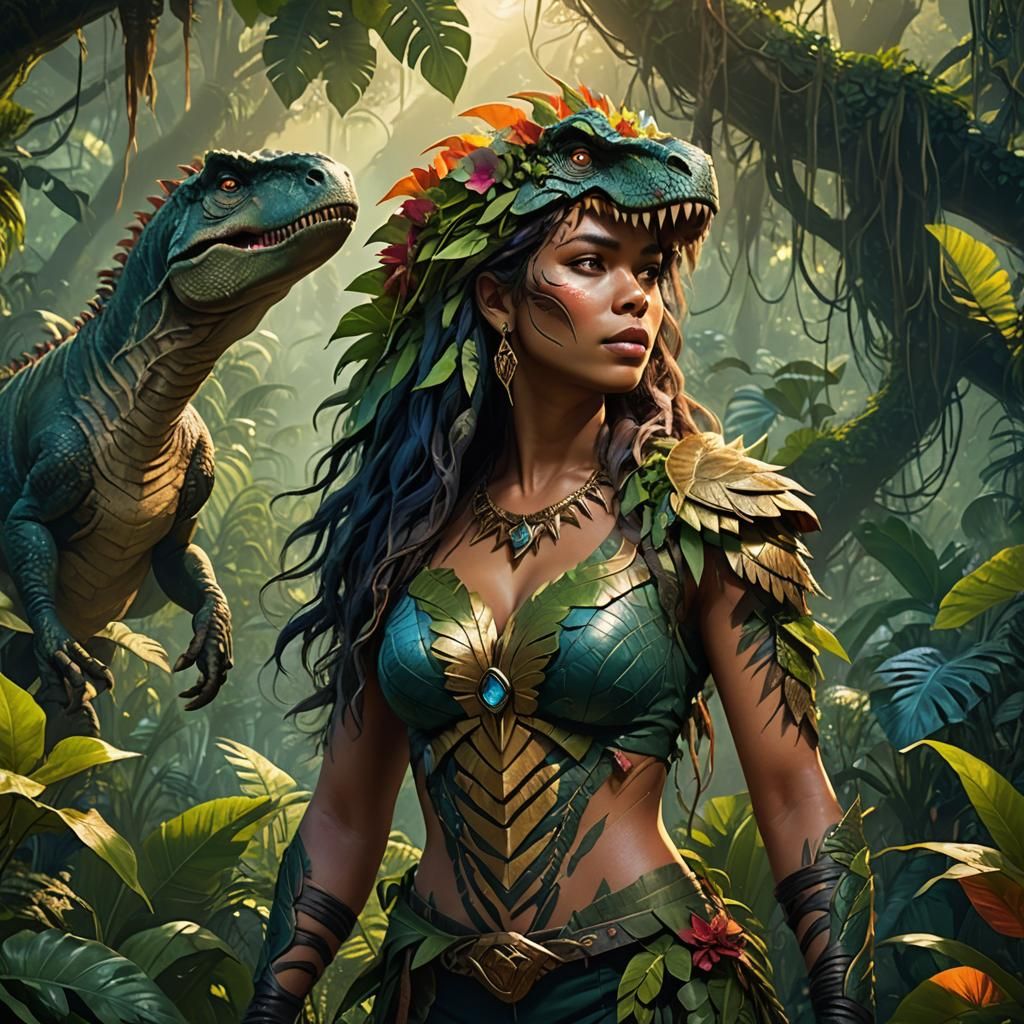 Tribal T-Rex Goddess in Vibrant Jungle