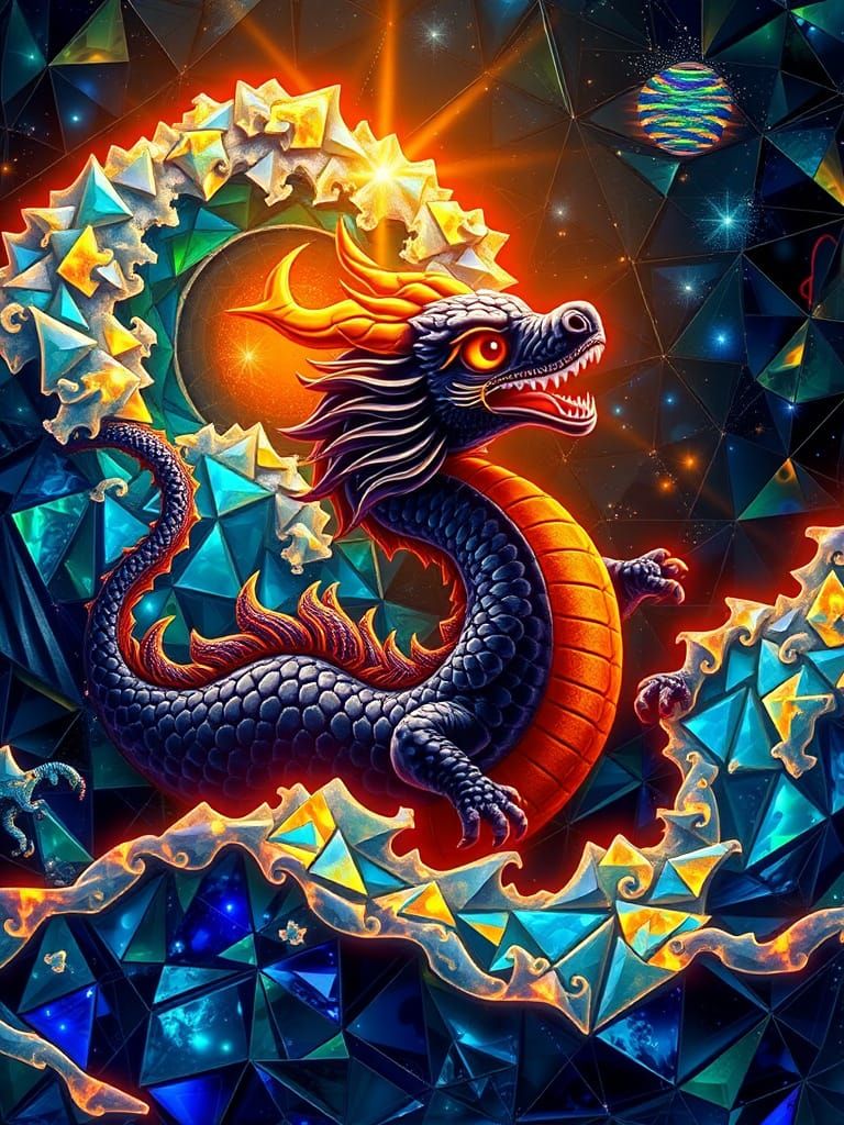 Neon Celestial Dragon Fractal in Bioluminescent Style